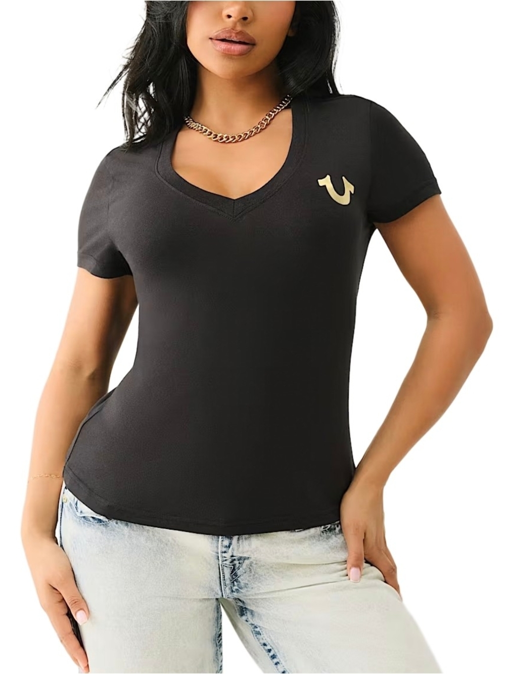 True Religion Women's Black V-Neck Short Sleeve Tee Size M